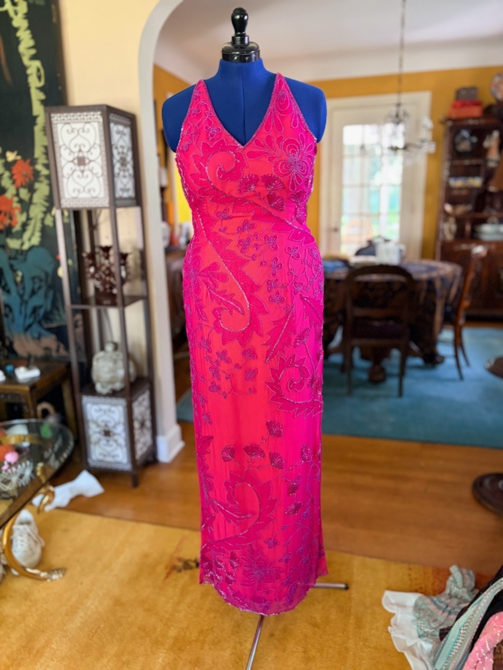Vintage 100% Silk Pink Beaded Maxi Gown